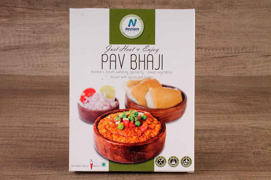 Ready to eat pav bhaji 285g, medium spicy, serves 2 people. Heat and eat, perfect for travelers and students abroad.